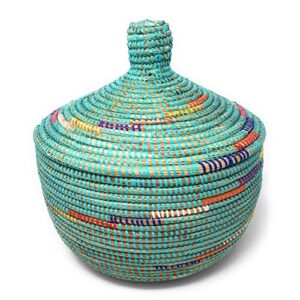african fair trade handwoven lidded warming basket, multicolor