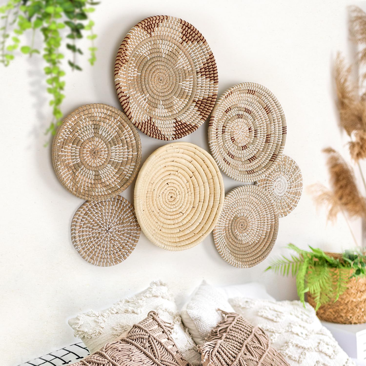 Botaniclair Boho Wall Basket Decor - Set of 7 Handcrafted Woven Hanging Art