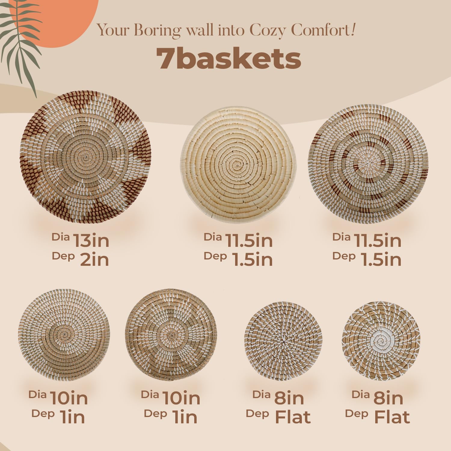 Botaniclair Boho Wall Basket Decor - Set of 7 Handcrafted Woven Hanging Art