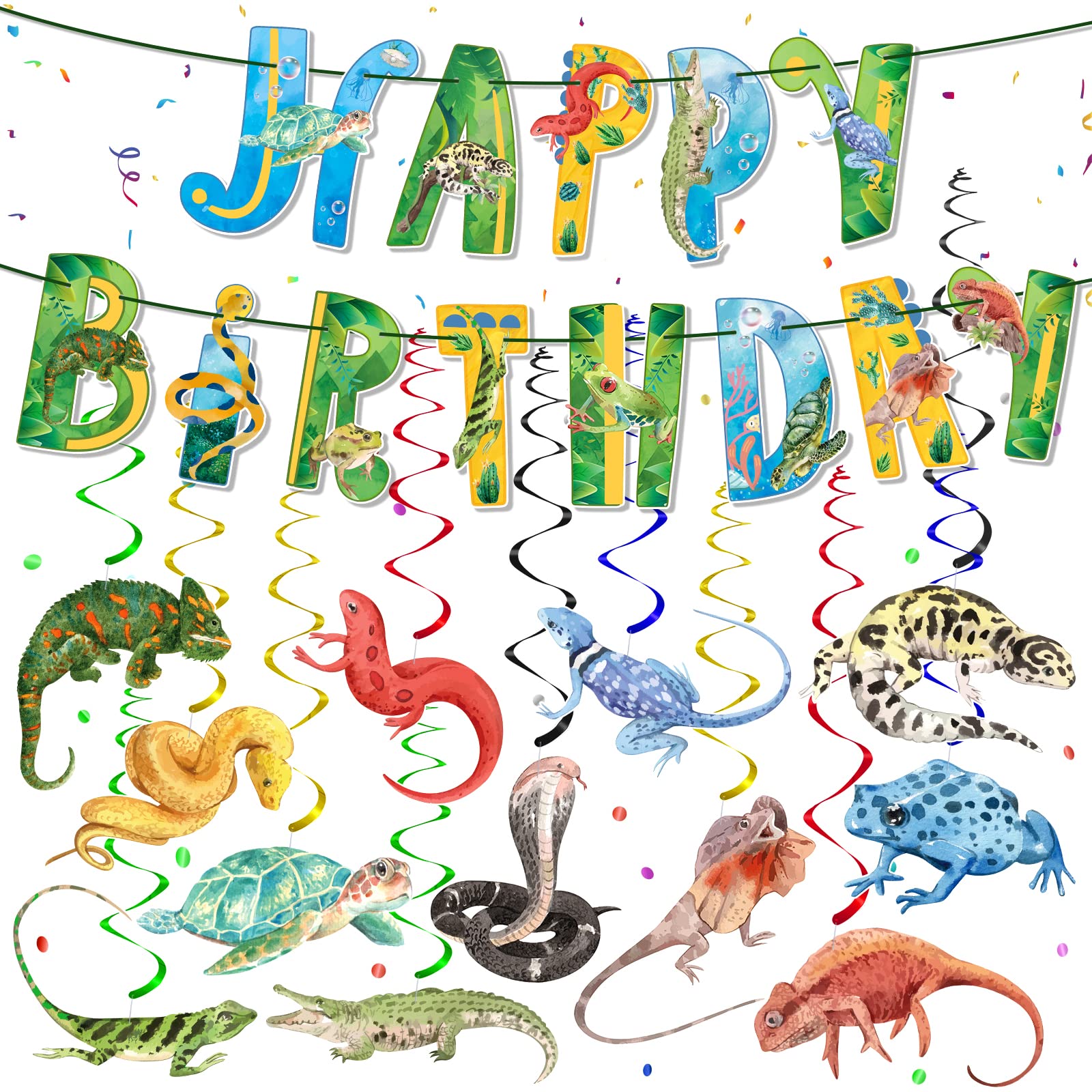 Reptile Birthday Party Supplies Reptile Swamp Happy Birthday Banner and 12 Pcs Reptile Hanging Swirls Safari Animals Lizard Snake Alligator Turtle Camping Wilderness Jungle Birthday Party Decorations