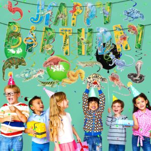 Reptile Birthday Party Supplies Reptile Swamp Happy Birthday Banner and 12 Pcs Reptile Hanging Swirls Safari Animals Lizard Snake Alligator Turtle Camping Wilderness Jungle Birthday Party Decorations