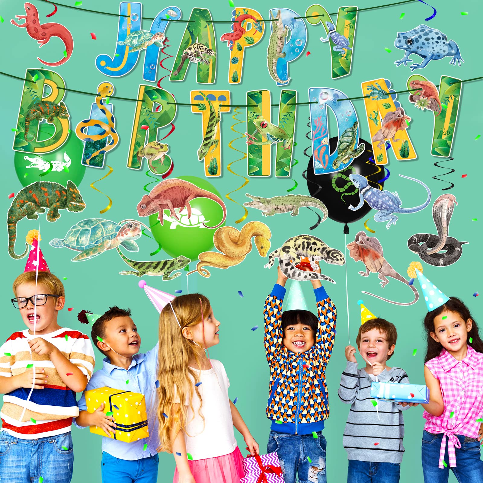 Reptile Birthday Party Supplies Reptile Swamp Happy Birthday Banner and 12 Pcs Reptile Hanging Swirls Safari Animals Lizard Snake Alligator Turtle Camping Wilderness Jungle Birthday Party Decorations