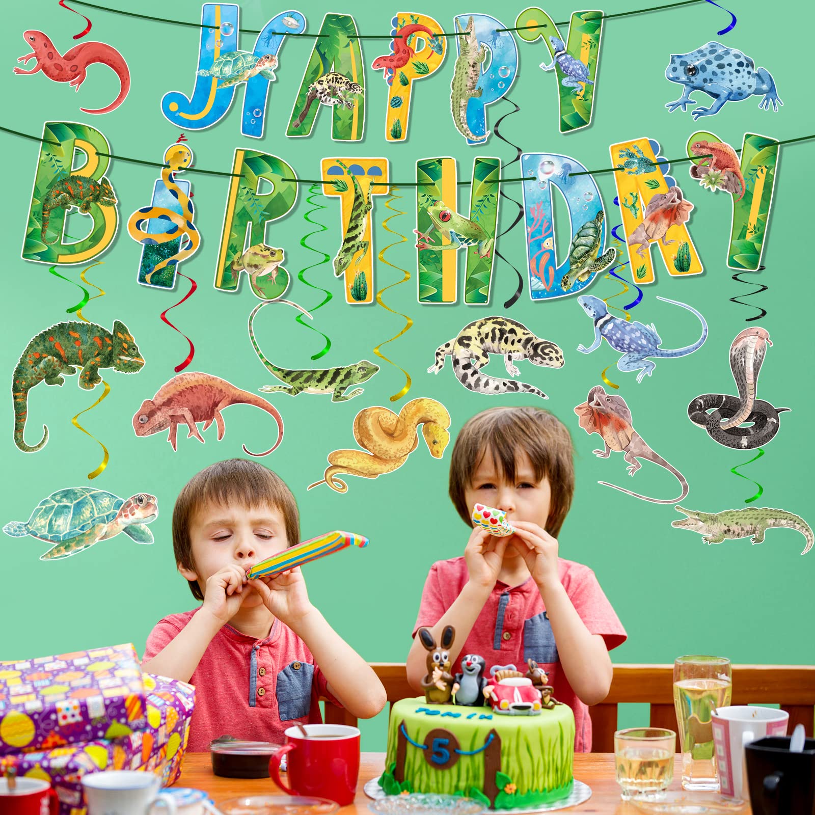 Reptile Birthday Party Supplies Reptile Swamp Happy Birthday Banner and 12 Pcs Reptile Hanging Swirls Safari Animals Lizard Snake Alligator Turtle Camping Wilderness Jungle Birthday Party Decorations