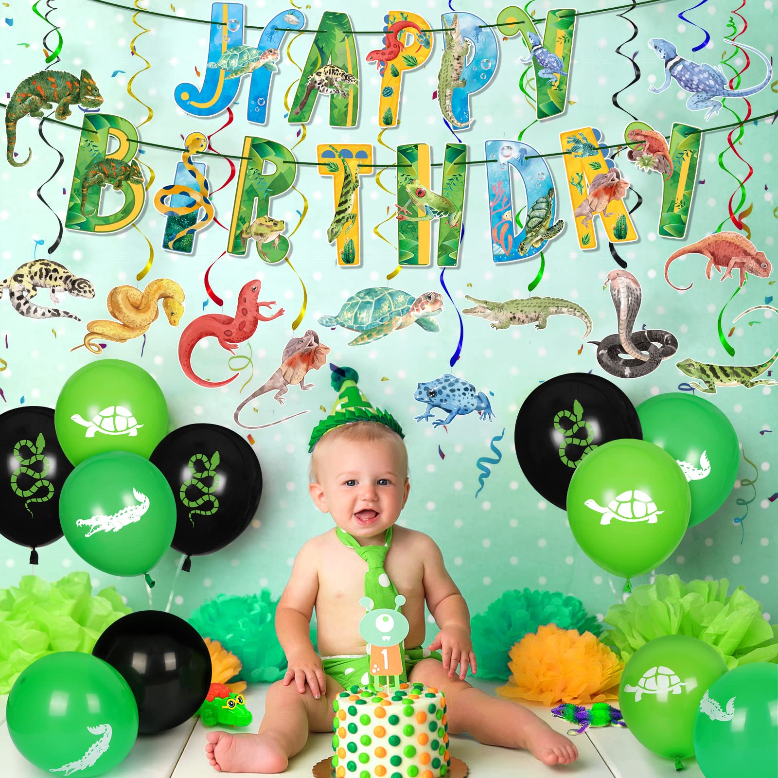 Reptile Birthday Party Supplies Reptile Swamp Happy Birthday Banner and 12 Pcs Reptile Hanging Swirls Safari Animals Lizard Snake Alligator Turtle Camping Wilderness Jungle Birthday Party Decorations