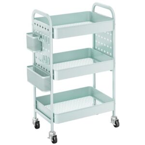 Rolling Utility 3 Tier Organizer Cart with Wheels - Metal Craft Storage Cart with DIY Dual Pegboards, Removable Baskets Hooks for Office, Home, Kitchen, Classroom (Green)