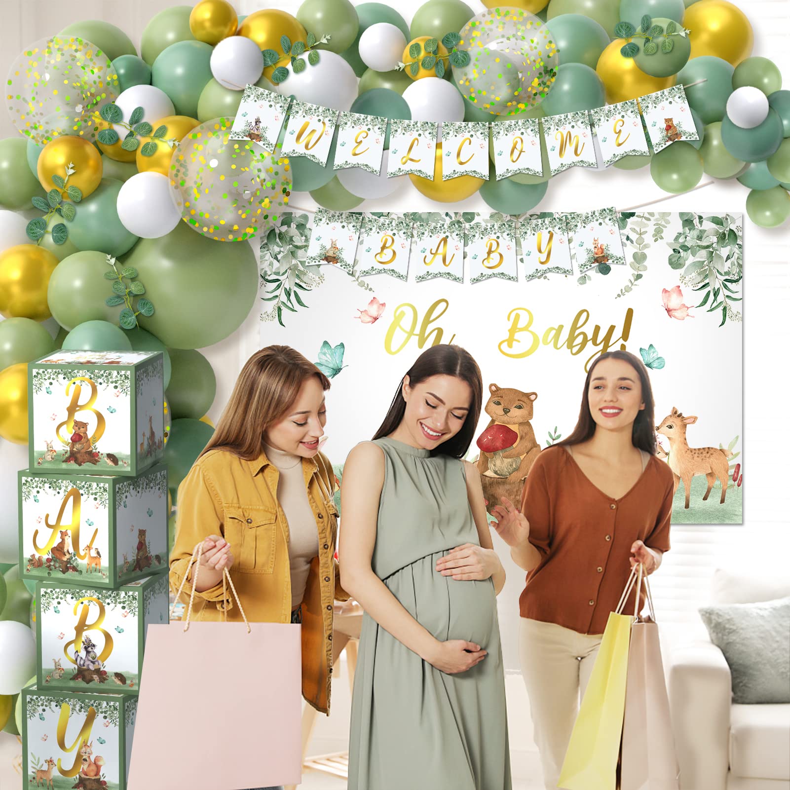 269 PC Sage Green Baby Shower Decorations, Gender Neutral Baby Shower Decorations Includes Baby Balloon Box Backdrop Tablecloth Banner Garland Kit Confetti, Greenery Woodland Baby Shower Decorations