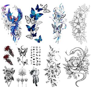 Casciybo Flower Butterfly Temporary Tattoos for Women Girls, 12Sheets Large Black Waterproof Half-Arm Shoulder Adults Fake Tattoo, Blue Realistic That Look Real Last Long Party Favors Supplies Gifts