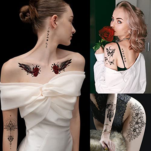 Casciybo Flower Butterfly Temporary Tattoos for Women Girls, 12Sheets Large Black Waterproof Half-Arm Shoulder Adults Fake Tattoo, Blue Realistic That Look Real Last Long Party Favors Supplies Gifts