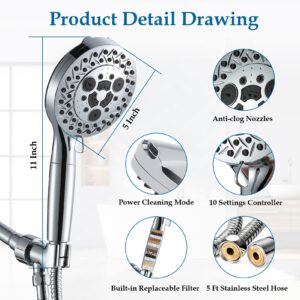 Aiscsc 10 Settings Shower Head with Handheld, 5" High Pressure Showerhead Include 2 Powerful Wash Modes for Cleaning Bathroom, Hand held Shower Head Set with Stainless Steel Hose Filter for Hard Water