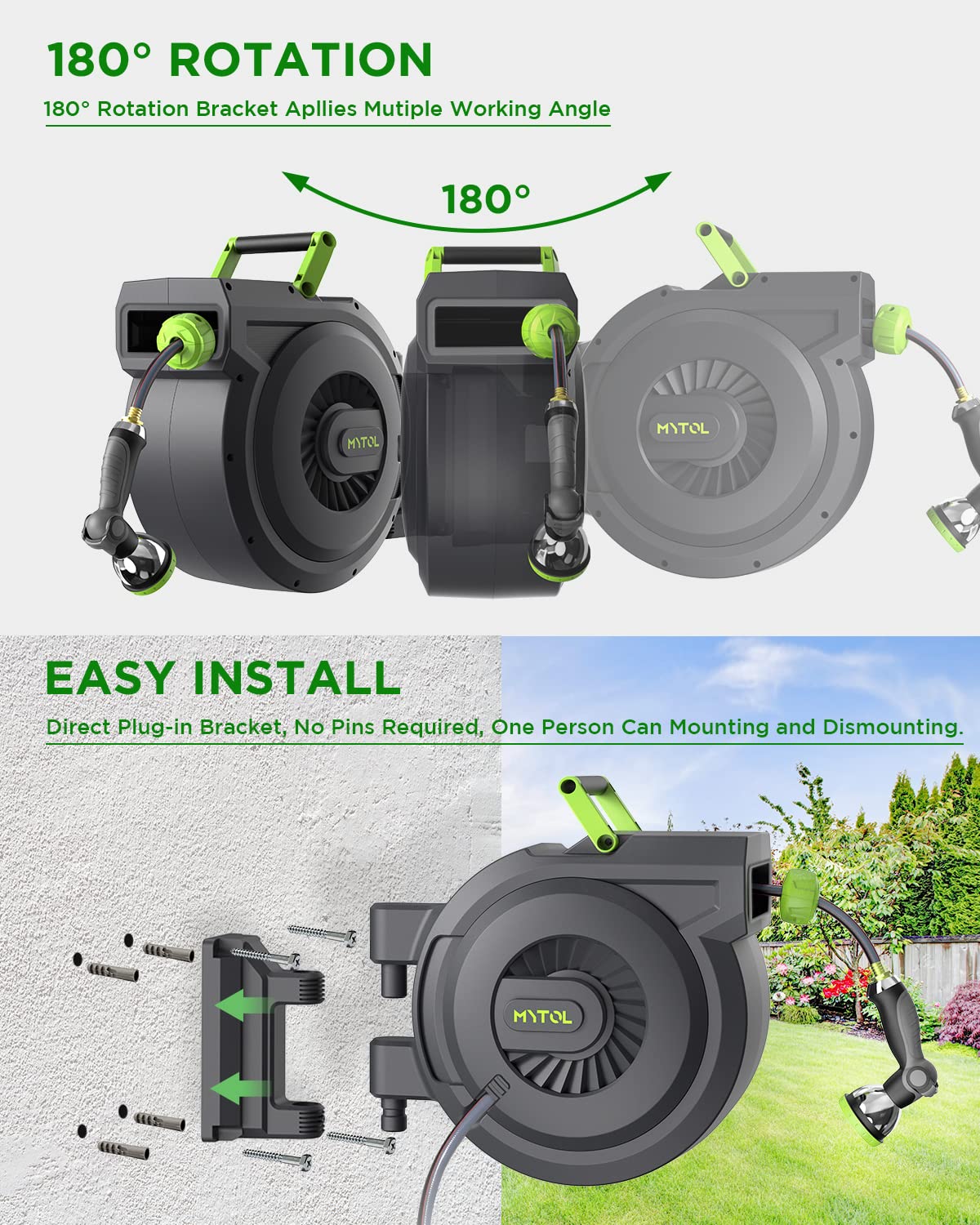 MYTOL Retractable Garden Hose Reel, 1/2 Inch x 100 ft + 6 ft Wall Mount Hose Reel with Automatic Slow Rewind System, Any Length Lock, 10 Patterns Hose Nozzle, 180°Swivel Bracket, for Garden Watering