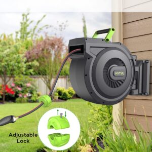 MYTOL Retractable Garden Hose Reel, 1/2 Inch x 100 ft + 6 ft Wall Mount Hose Reel with Automatic Slow Rewind System, Any Length Lock, 10 Patterns Hose Nozzle, 180°Swivel Bracket, for Garden Watering