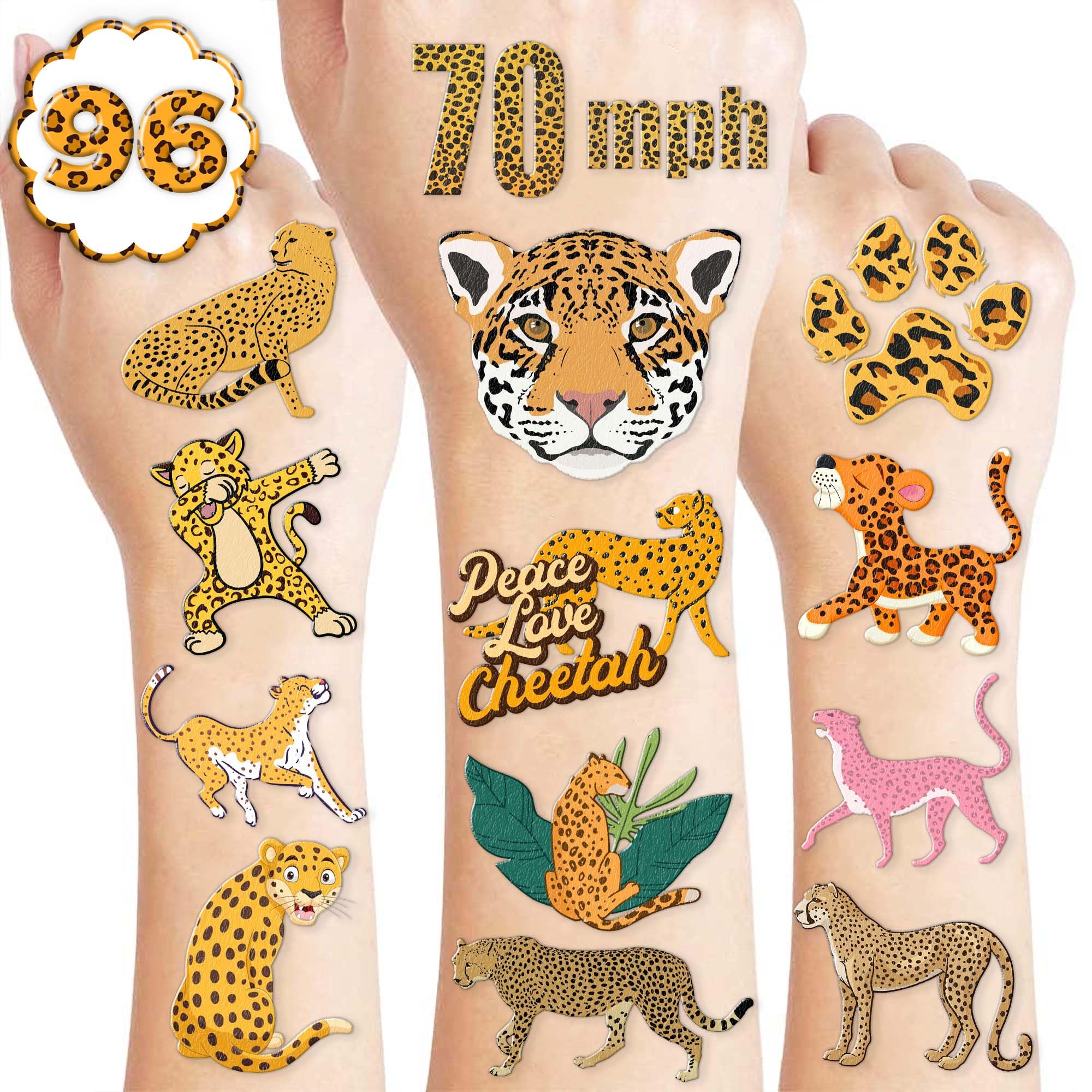 8 Sheets (96PCS) Cheetah Tattoos Temporary Jungle Theme Birthday Party Supplies Favors Decorations Tattoo Stickers For Boys Girls Gifts Classroom School Prizes Rewards