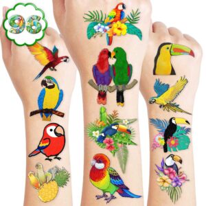 8 sheets (96pcs) parrot bird temporary tattoo stickers tropical themed birthday party decorations supplies favors for kids boys girls gifts classroom school prizes rewards