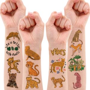 8 Sheets (96PCS) Cheetah Tattoos Temporary Jungle Theme Birthday Party Supplies Favors Decorations Tattoo Stickers For Boys Girls Gifts Classroom School Prizes Rewards