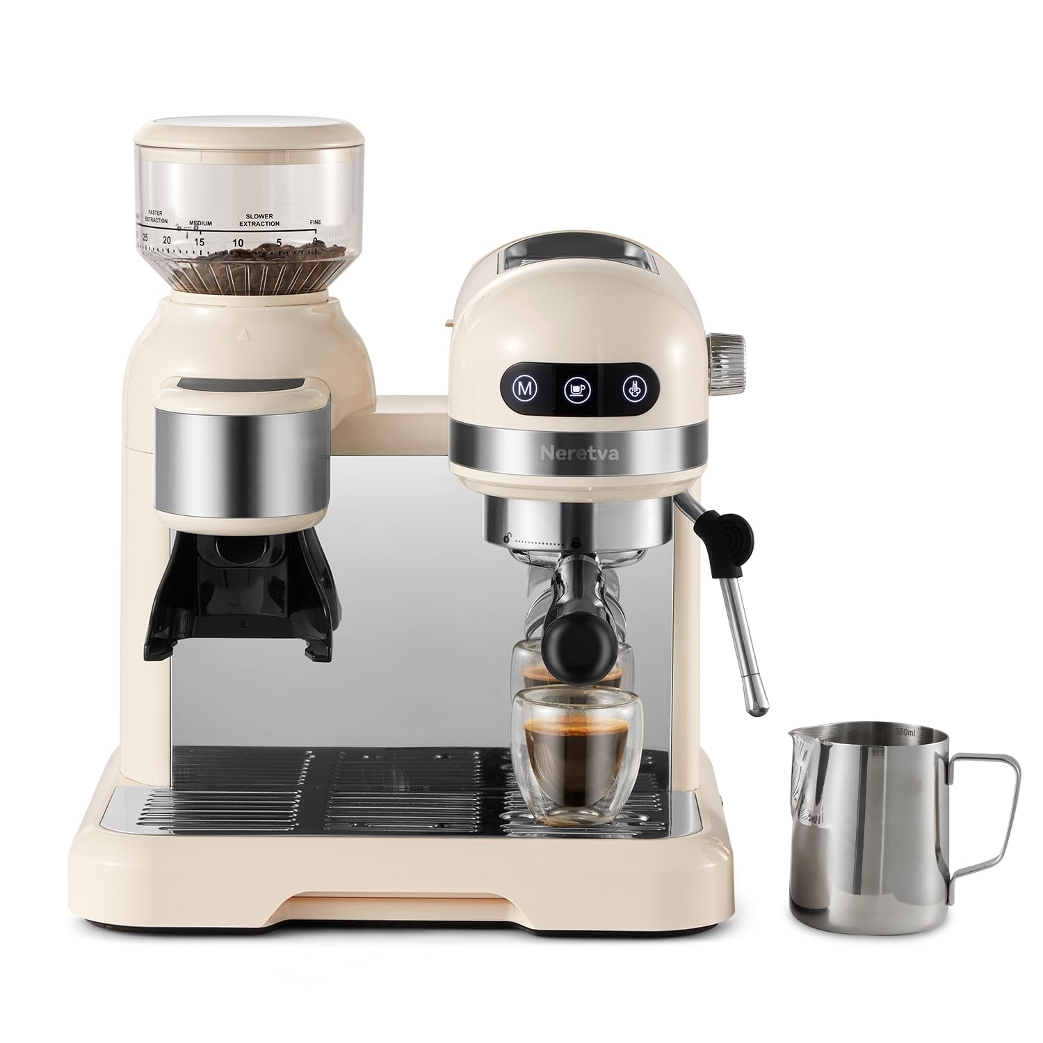 Neretva 20 Bar Espresso Coffee Machine with Grinder Steam Wand for Latte Espresso and Cappuccino, 58MM Portafilter Espresso Maker For Home Barista, 1350W Premium Italian High Pressure (Beige)