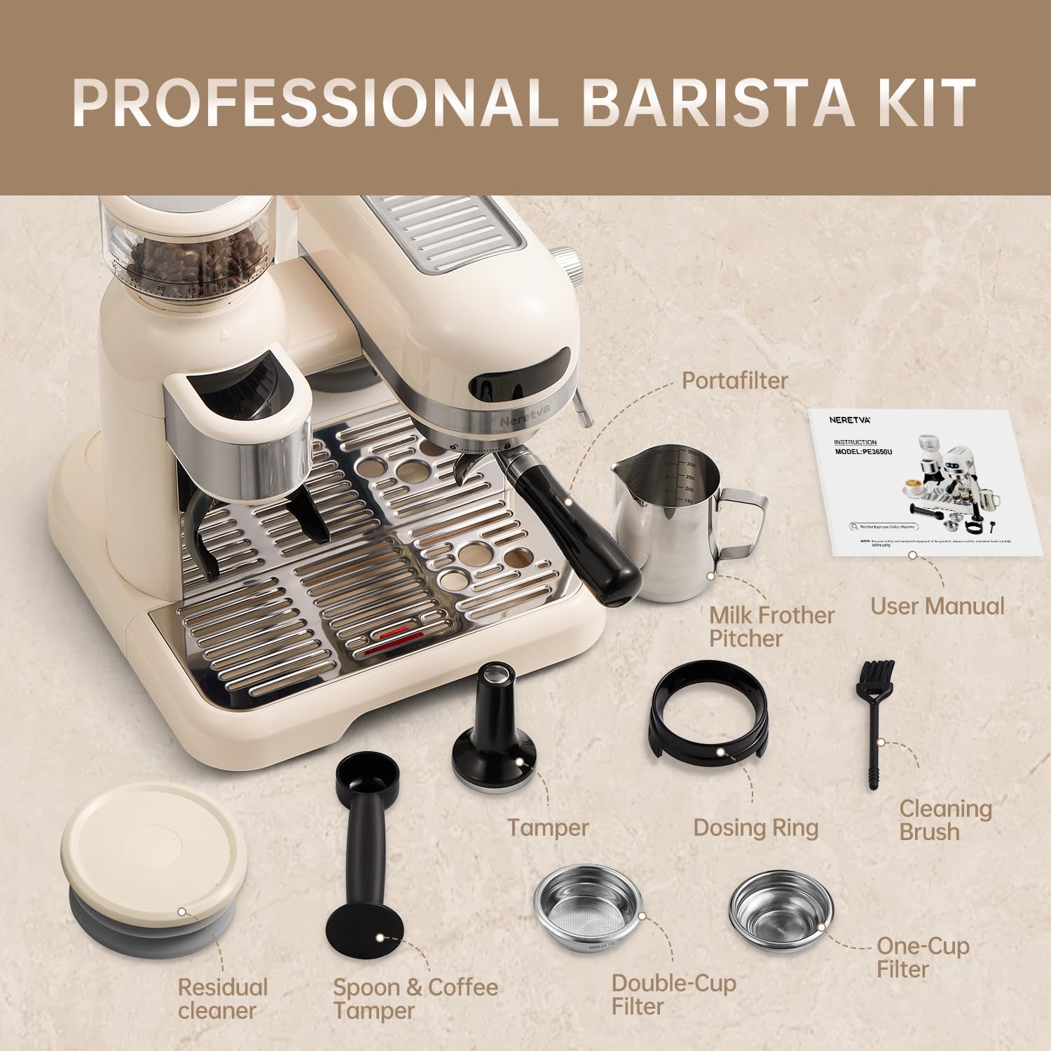 Neretva 20 Bar Espresso Coffee Machine with Grinder Steam Wand for Latte Espresso and Cappuccino, 58MM Portafilter Espresso Maker For Home Barista, 1350W Premium Italian High Pressure (Beige)