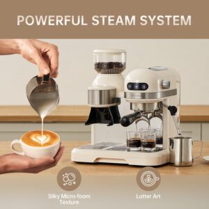 Neretva 20 Bar Espresso Coffee Machine with Grinder Steam Wand for Latte Espresso and Cappuccino, 58MM Portafilter Espresso Maker For Home Barista, 1350W Premium Italian High Pressure (Beige)