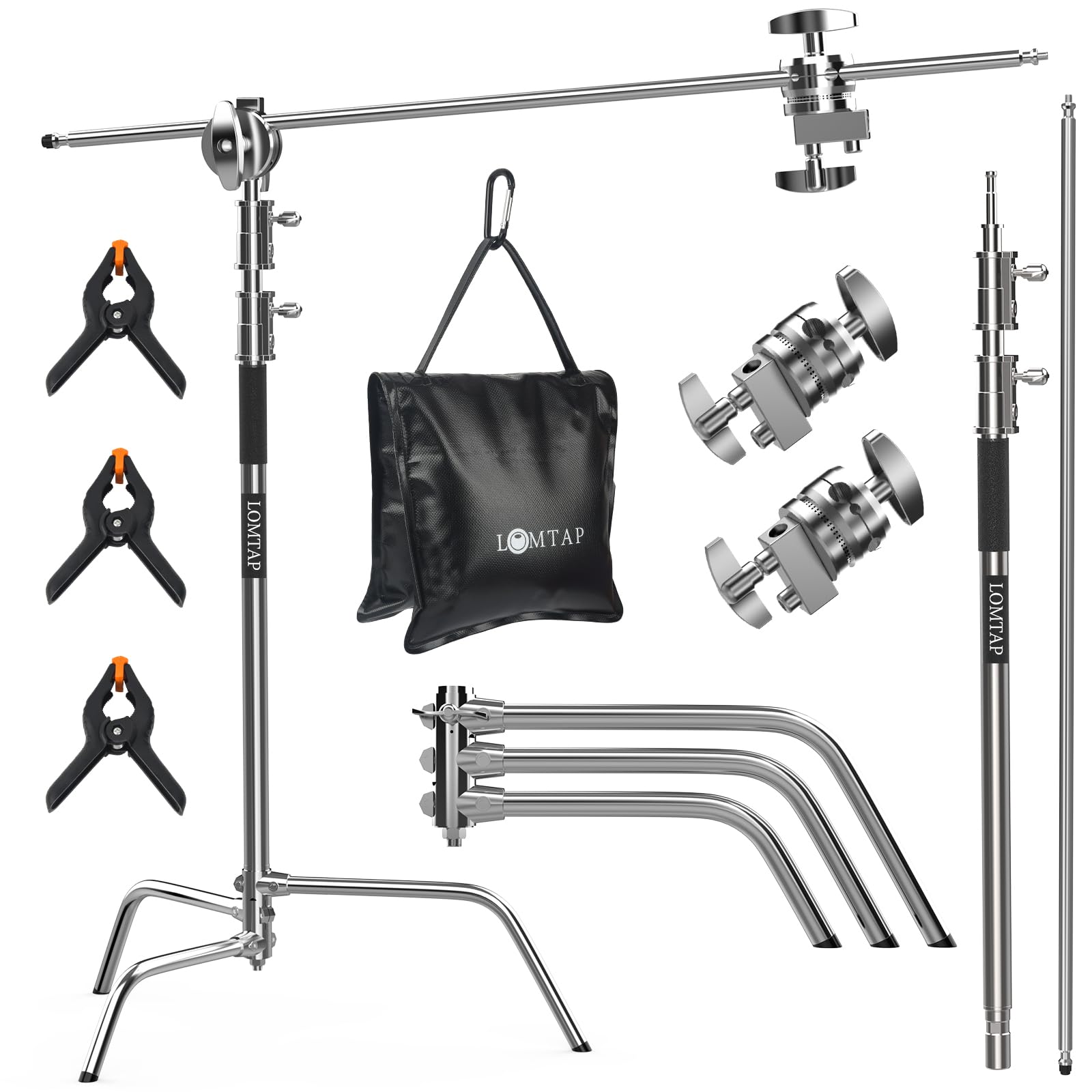 LOMTAP C Stand Light Stand Stainless Metal Photography Kit - Heavy Duty 6.8ft/210cm Vertical Pole, 2.8ft/87cm Boom Arm, Adjustable Base, Water Sandbag, 2 Grip Heads, 3 Clips for Softbox, Reflector