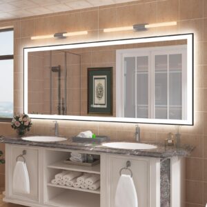 charmor 88x38 led bathroom mirror for wall, large dimmable lighted mirror for bathroom vanity with black frame, anti-fog, shatterproof, memory, etl listed (backlit and front lights)