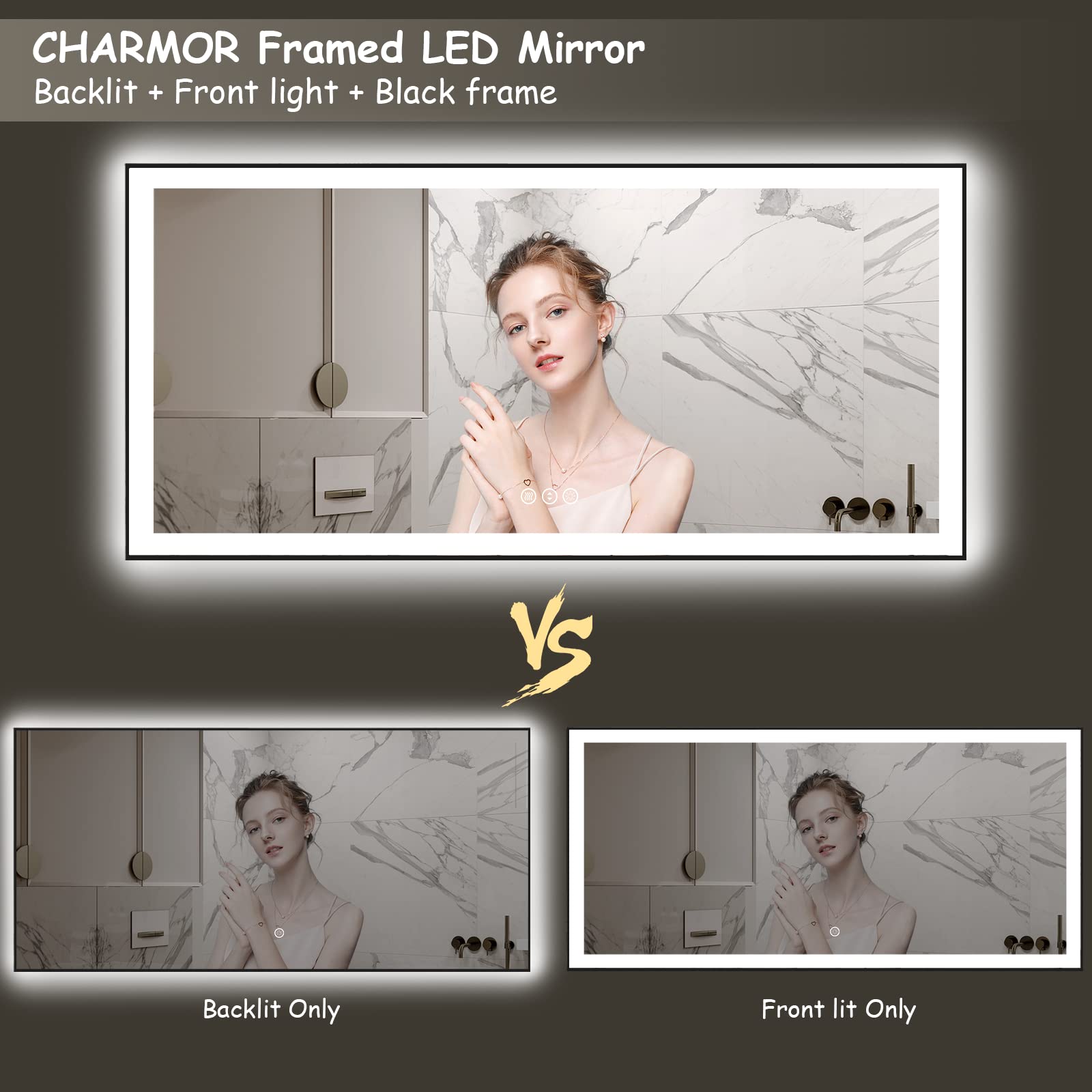 CHARMOR 88X38 LED Bathroom Mirror for Wall, Large Dimmable Lighted Mirror for Bathroom Vanity with Black Frame, Anti-Fog, Shatterproof, Memory, ETL Listed (Backlit and Front Lights)