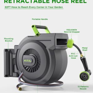 MYTOL Retractable Garden Hose Reel, 5/8 Inch x 82 ft + 6 ft Wall Mounted Water Hose Reel with Auto Slow Rewind System, 10-Pattern Nozzle, Any Length Lock, 180° Swivel Bracket, Ideal for Easy Watering