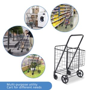 F2C Folding Shopping Cart with Wheels and Double Basket, Grocery Utility Cart Ground Rolling Cart,Collapsible Portable Cart,Compact for Shopping Laundry,Garden, Grocery,Travel, Black¡­