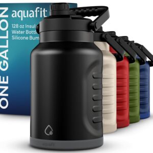 AQUAFIT One Gallon Water Bottle Insulated - Gallon Water Jug 128 oz - Large Water Bottle Insulated Growler - 1 Gallon Water Jug, Stainless Steel Big Water Bottle (Midnight Black)
