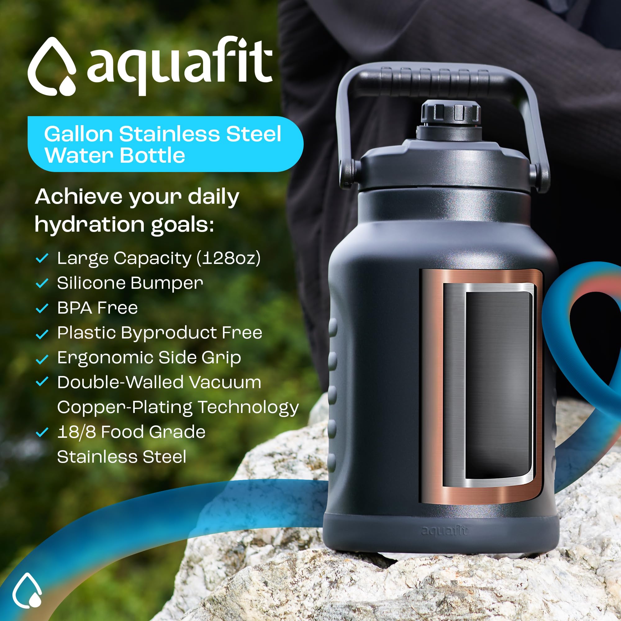 AQUAFIT One Gallon Water Bottle Insulated - Gallon Water Jug 128 oz - Large Water Bottle Insulated Growler - 1 Gallon Water Jug, Stainless Steel Big Water Bottle (Midnight Black)