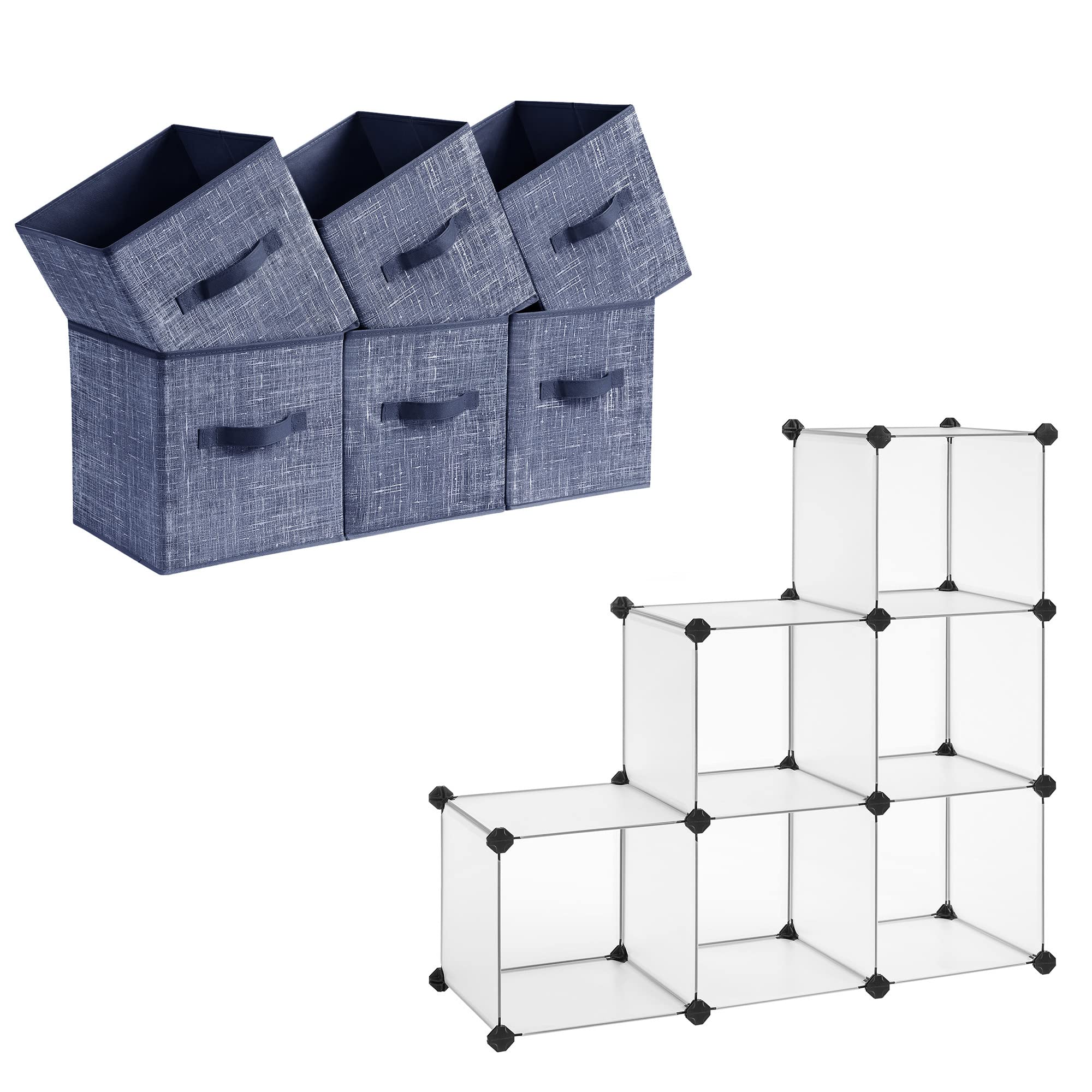 SONGMICS Storage Cubes and Cube Storage Organizer Bundle, 6 Non-Woven Fabric Bins with Double Handles, 6 Cube Closet Organizers and Storage, Navy Blue and White UROB026I01 and ULPC06W