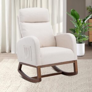 nioiikit nursery rocking chair, upholstered glider chair for nursery, accent rocker chair with tall back & side pockets, modern leisure single arm chair for living room, bedroom (beige)