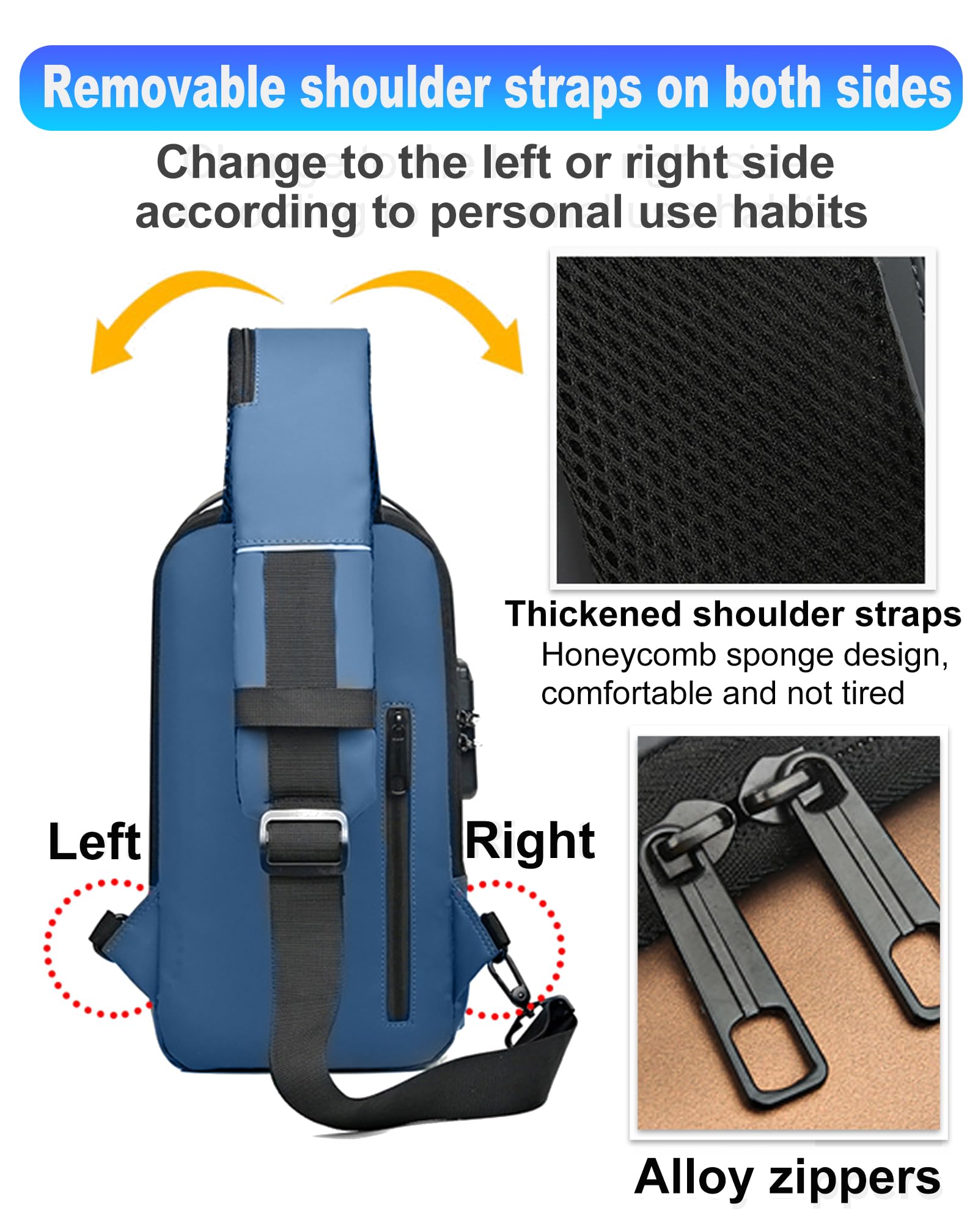 Geanbun Anti-Theft Sling Bag USB Shoulder Bag Crossbody Backpack Waterproof Chest Daypack Lightweight(Blue)