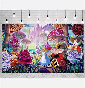 the fantasy world of alice backdrop, 5 x 3 ft alice in wonderland theme banner supplies, tea party baby shower background for birthday party cake table decoration