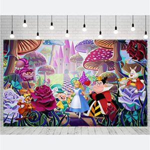 The Fantasy World of Alice Backdrop, 5 x 3 ft Alice in Wonderland Theme Banner Supplies, Tea Party Baby Shower Background for Birthday Party Cake Table Decoration