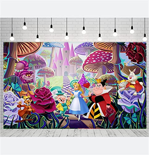 The Fantasy World of Alice Backdrop, 5 x 3 ft Alice in Wonderland Theme Banner Supplies, Tea Party Baby Shower Background for Birthday Party Cake Table Decoration