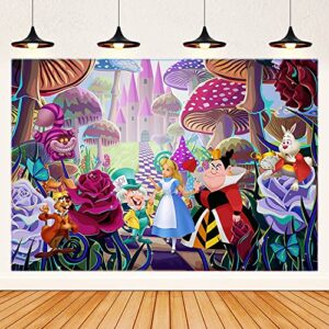 The Fantasy World of Alice Backdrop, 5 x 3 ft Alice in Wonderland Theme Banner Supplies, Tea Party Baby Shower Background for Birthday Party Cake Table Decoration