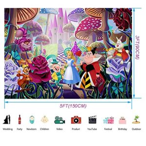 The Fantasy World of Alice Backdrop, 5 x 3 ft Alice in Wonderland Theme Banner Supplies, Tea Party Baby Shower Background for Birthday Party Cake Table Decoration