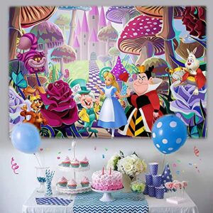 The Fantasy World of Alice Backdrop, 5 x 3 ft Alice in Wonderland Theme Banner Supplies, Tea Party Baby Shower Background for Birthday Party Cake Table Decoration