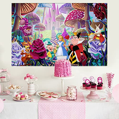 The Fantasy World of Alice Backdrop, 5 x 3 ft Alice in Wonderland Theme Banner Supplies, Tea Party Baby Shower Background for Birthday Party Cake Table Decoration