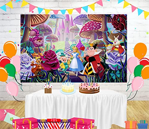 The Fantasy World of Alice Backdrop, 5 x 3 ft Alice in Wonderland Theme Banner Supplies, Tea Party Baby Shower Background for Birthday Party Cake Table Decoration