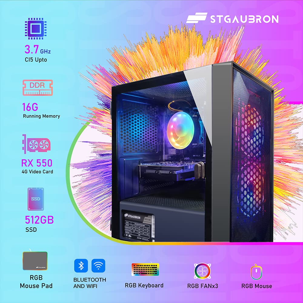 STGAubron Gaming Desktop PC, Intel Core I5 3.3Ghz up to 3.7Ghz, AMD Radeon RX 550 4G GDDR5, 16G Ram, 512G SSD, WiFi, BT 5.0, RGB Fan x 3, RGB Keybaord & Mouse, RGB Mouse Pad, W10H64