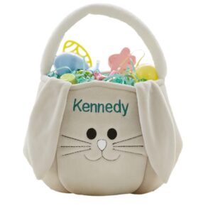 personalization universe teal and grey personalized easter bunny basket bag, embroidered baby name, perfect for easter egg hunts, custom easter egg hunt accessory, ideal for easter basket stuffers