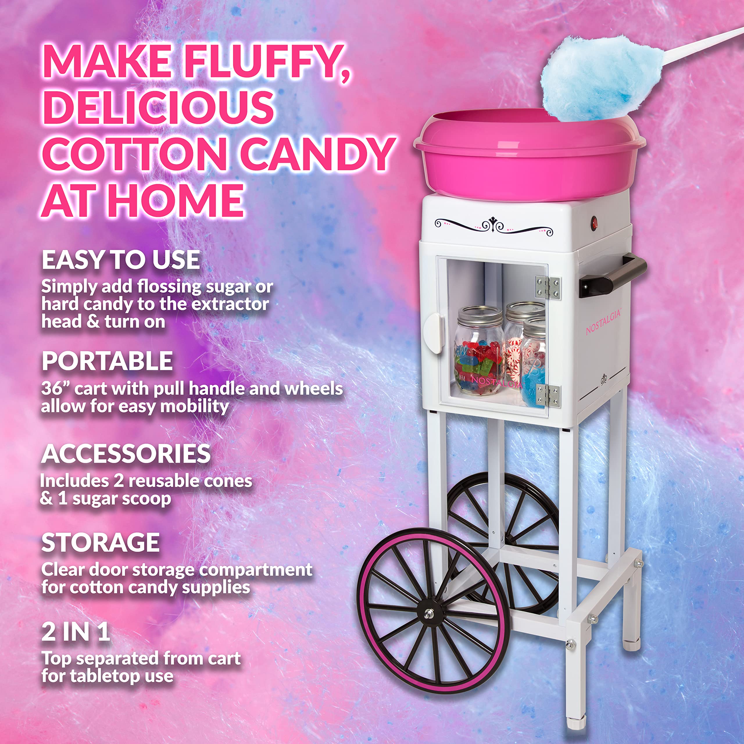 Nostalgia NCCCRT2PKWH Professional Cotton Candy Cart, 36”, White