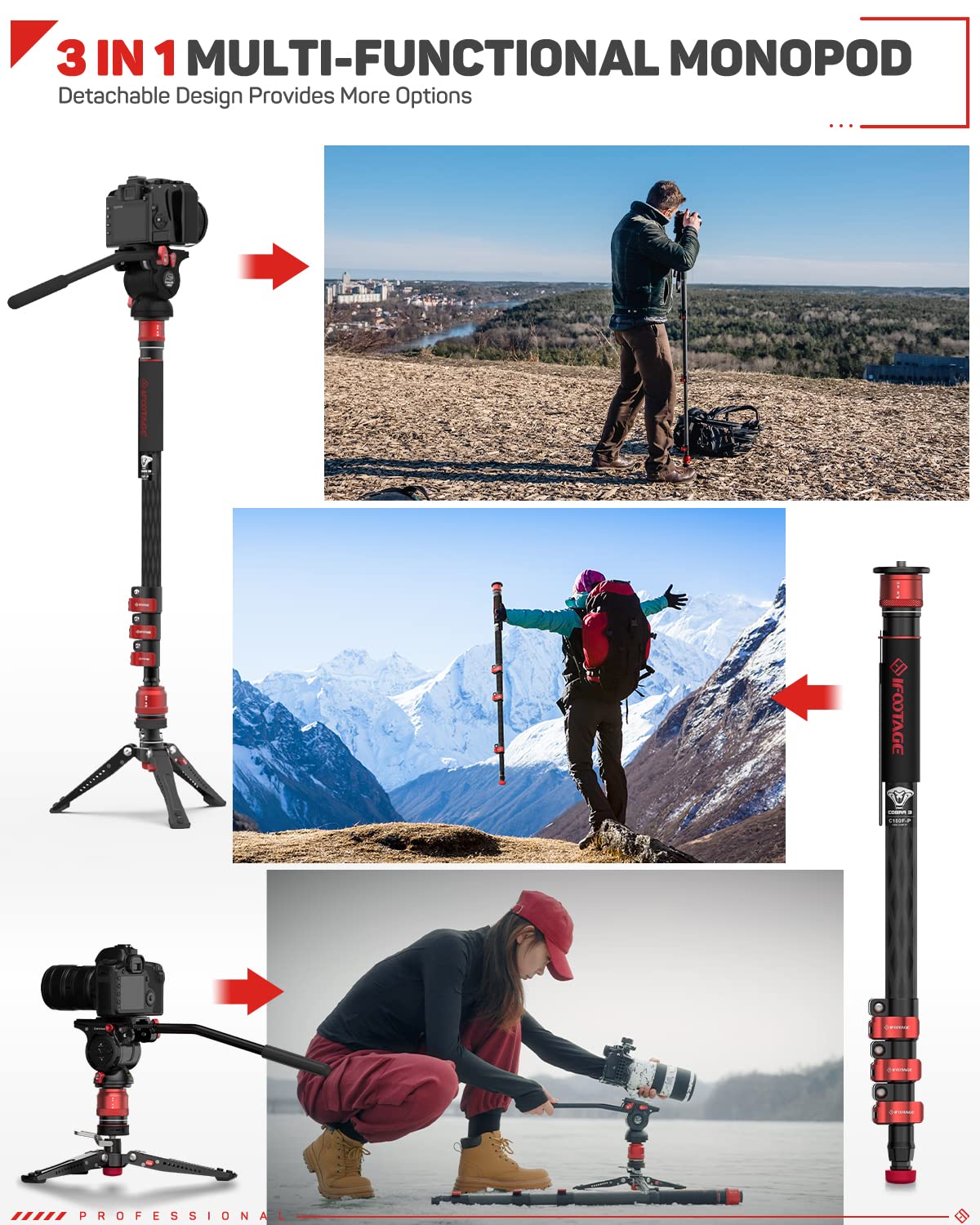 IFOOTAGE Cobra 3 Carbon Fiber Monopod with Pedal, 71" Professional Monopod for Cameras, Portable Travel Monopod with Feet, Max Load 17.64 lbs, Compatible with Sony Canon Nikon DSLR Camera, C180F-P