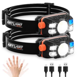 anylight rechargeable led headlamp with stepless dimming and motion sensor, ip65 waterproof headlight for repairing, running, camping, hiking(2 packs)
