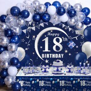 navy blue 18th birthday decorations for boys and girls, happy 18th birthday backdrop, tablecloth, balloons garland arch kit - 18th birthday banner party supplies bday decor for 18 year old