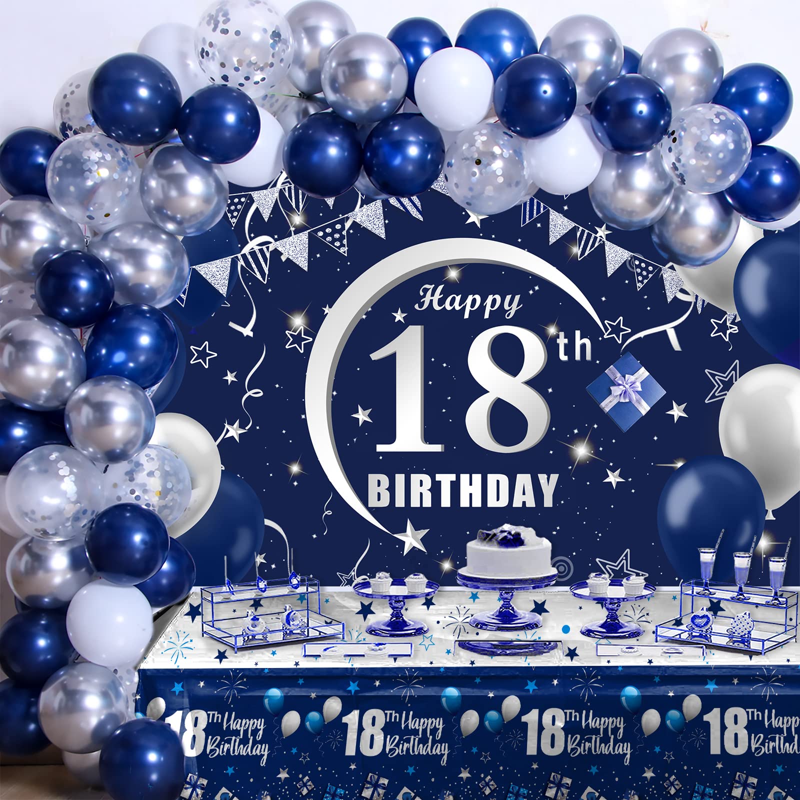 Navy Blue 18th Birthday Decorations for Boys and Girls, Happy 18th Birthday Backdrop, Tablecloth, Balloons Garland Arch Kit - 18th Birthday Banner Party Supplies Bday Decor for 18 Year Old