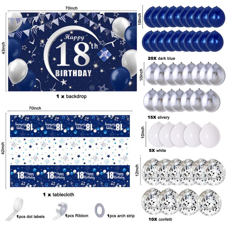 Navy Blue 18th Birthday Decorations for Boys and Girls, Happy 18th Birthday Backdrop, Tablecloth, Balloons Garland Arch Kit - 18th Birthday Banner Party Supplies Bday Decor for 18 Year Old