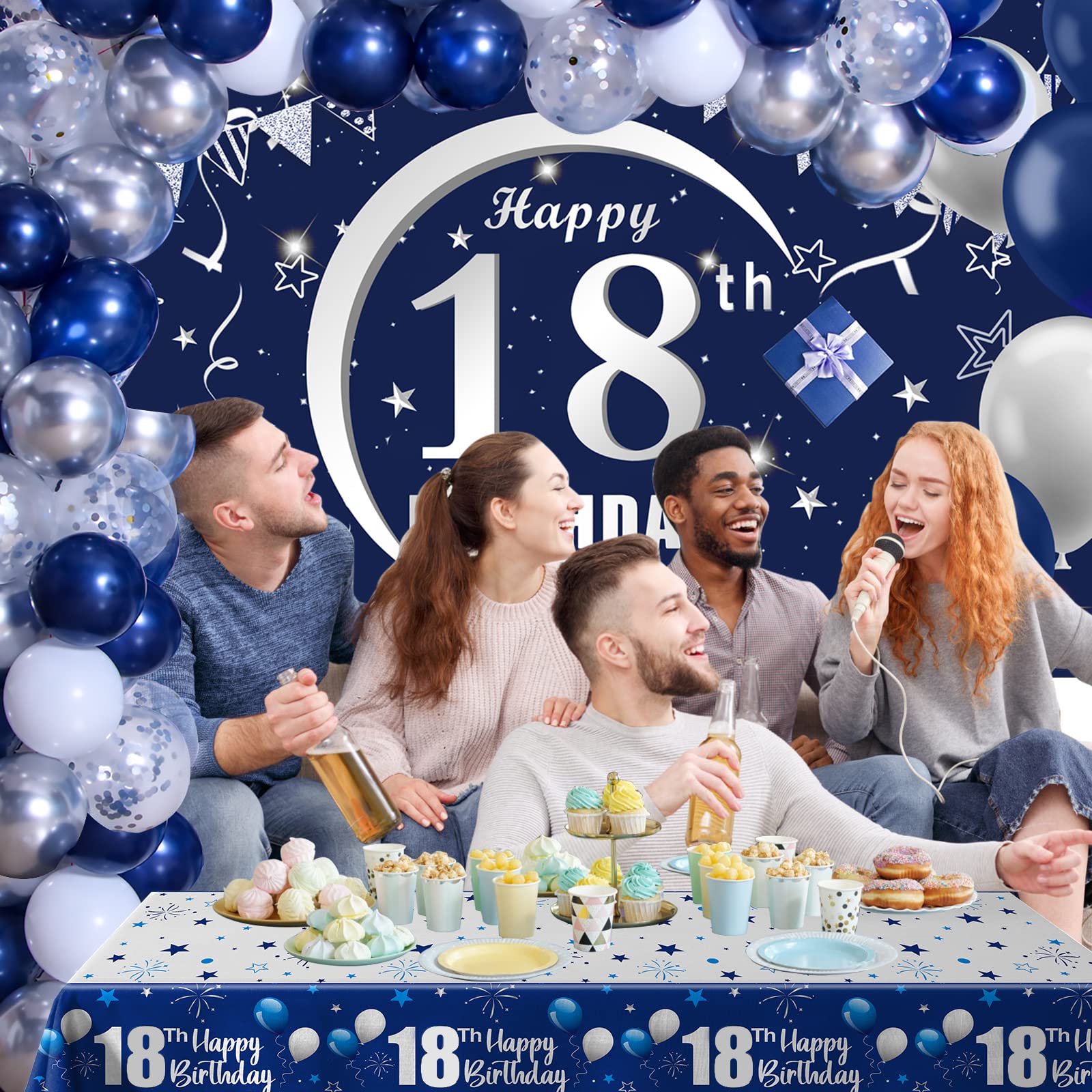 Navy Blue 18th Birthday Decorations for Boys and Girls, Happy 18th Birthday Backdrop, Tablecloth, Balloons Garland Arch Kit - 18th Birthday Banner Party Supplies Bday Decor for 18 Year Old