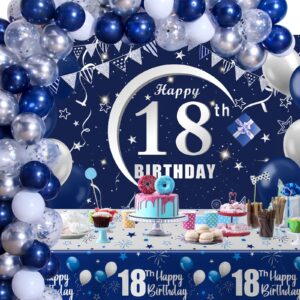 Navy Blue 18th Birthday Decorations for Boys and Girls, Happy 18th Birthday Backdrop, Tablecloth, Balloons Garland Arch Kit - 18th Birthday Banner Party Supplies Bday Decor for 18 Year Old