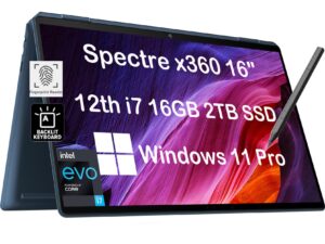 hp spectre x360 2-in-1 business laptop (16" 3k qhd+ touchscreen, intel 14-core i7-12700h, 16gb ram, 2tb ssd, ist stylus), long battery life, fingerprint, backlit, thunderbolt 4, wi-fi 6e, win 11 pro
